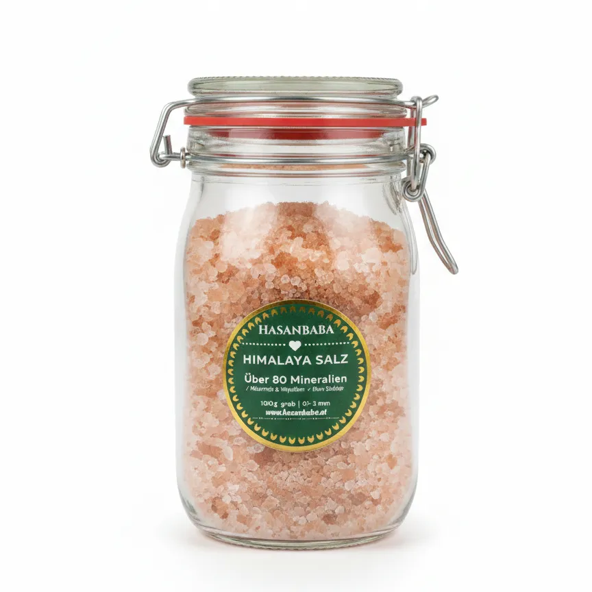 Hasanbaba Himalaya Salz Dark Pink – Granulat (1-3mm), 1kg im 1140ml Drahtbügelglas